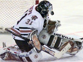Edmonton Oilers goalie Curtis Joseph in playoff action in May 1998.