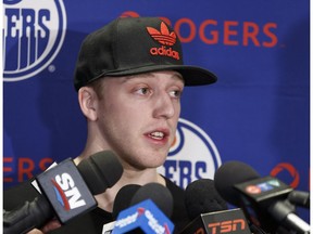 Edmonton Oilers' Drake Caggiula is interviewed during a final media conference of the season at Rogers Place in Edmonton, Alta. on Friday, May 12, 2017.