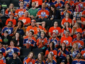 Edmonton Oilers fans watch their team play the Anaheim Ducks on the big screen at Rogers Place in Edmonton on Wednesday May 10, 2017. They were playing Game 7 of their Stanley Cup playoff series in Anaheim, California.