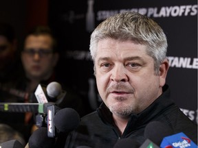 Edmonton Oilers head coach Todd McLellan speaks during a press conference at Rogers Place in Edmonton on Monday, May 1, 2017 a day after the team lost Game 3 of a Stanley Cup Playoffs Western Conference semifinal series to the Anaheim Ducks.