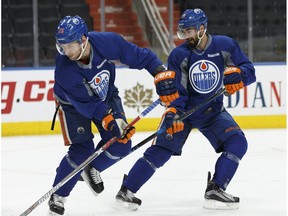 Edmonton Oilers' Iiro Pakarinen (26) and Jordan Eberle (14) drill during practice at Rogers Place in Edmonton on Tuesday, May 2, 2017. The team plays the Anaheim Ducks in Game 4 of the Stanley Cup playoffs Western Conference semifinal.