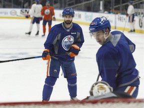 Edmonton Oilers' Jordan Eberle (14) drills with goaltender Laurent Brossoit and Ryan Nugent-Hopkins during practice at Rogers Place in Edmonton on Tuesday, May 2, 2017. The team plays the Anaheim Ducks in Game 4 of the Stanley Cup playoffs Western Conference semifinal.