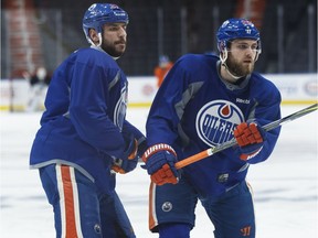 Edmonton Oilers' Milan Lucic (27) and Leon Draisaitl (29) are seen during a practice at Rogers Place in Edmonton on May 4, 2017. The Oilers head to Anaheim to play the Ducks in Game 5 on May 5.