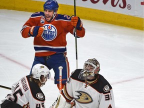 Edmonton Oilers Milan Lucic (27) celebrates Leon Draisaitl's (29) goal on Anaheim Ducks goalie John Gibson (36) during NHL playoff action at Rogers Place in Edmonton, May 7, 2017.