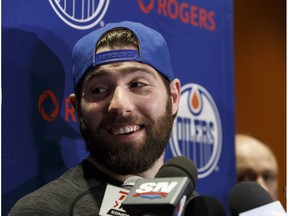 Edmonton Oilers' Patrick Maroon is interviewed during a final media conference of the season at Rogers Place in Edmonton, Alta. on Friday, May 12, 2017.