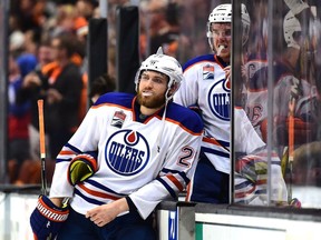 Leon Draisaitl #29 and Connor McDavid #97 of the Edmonton Oilers react as they leave the ice after a 4-3 loss to the Anaheim Ducks during the second overtime period in Game Five of the Western Conference Second Round during the 2017 NHL Stanley Cup Playoffs at Honda Center on May 5, 2017 in Anaheim, California.
