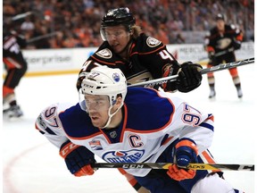 ANAHEIM, CA - MAY 10:  Connor McDavid #97 of the Edmonton Oilers skates against Hampus Lindholm #47 of the Anaheim Ducks in Game Seven of the Western Conference Second Round during the 2017 NHL Stanley Cup Playoffs at Honda Center on May 10, 2017 in Anaheim, California.