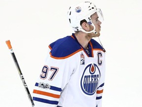 Connor McDavid #97 of the Edmonton Oilers reacts after their 2-1 loss to the Anaheim Ducks in Game Seven of the Western Conference semifinal at Honda Center on May 10, 2017 in Anaheim, Calif.