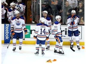 The Edmonton Oilers react after a 2-1 loss to the Anaheim Ducks in Game 7 of their Western Conference second round playoff series at Honda Center on May 10, 2017, in Anaheim, Calif. (Sean M. Haffey/Getty Images)