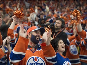 Fans of the Edmonton Oilers, cheer one of the five goals scored against  the Anaheim Duck in Game 6 in the second round of NHL playoffs at Rogers Place on May 7, 2017.