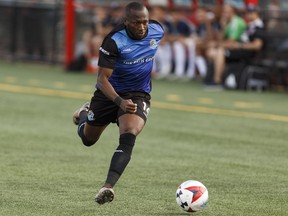 FC Edmonton's Sainey Nyassi chases the ball down against  the Indy Eleven during a NASL game at Clarke Stadium in Edmonton, Alta. on Saturday, May 27, 2017.