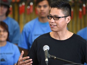 Desmond Thomas speaks after the Alberta government announced funding of the pre-apprenticeship program, Trade Winds to Success Training Society, to help indigenous people pursue construction trade careers in Edmonton, May 9, 2017.