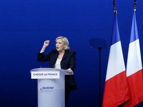 French far-right presidential candidate Marine Le Pen delivers her speech during a meeting, Monday May 1, 2017, in Villepinte, outside Paris. With just six days until a French presidential vote that could define Europe's future, far-right leader Marine Le Pen and centrist Emmanuel Macron were holding high-stakes rallies Monday.