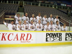 Some of the new owners of the Edmonton Oilers at the Edmonton Coliseum on May 6, 1998, a day after the sale of the team to them from Peter Pocklington was complete.