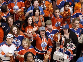 Healthcare workers show their Edmonton Oilers spirit during a rally for the NHL team at University of Alberta Hospital in Edmonton before Game 4 of the Stanley Cup Western Conference semifinal playoffs series versus the Anaheim Ducks on Wednesday, May 3, 2017.