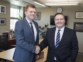 Wildrose Leader Brian Jean meets newly elected PC Leader Jason Kenney on March 20, 2017.