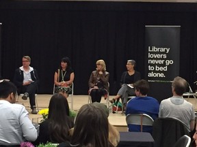 The launch of the Edmonton Public Library's Capital City Press Festival. Seated, from left, playwright David van Belle, multimedia artist Lana Whiskeyjack, poet laureate Pierrette Requier, and poet and novelist Marilyn Dumont. The event took place May 19 2017 at the Old Strathcona Performing Arts Centre.