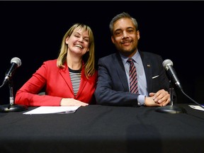 Alberta Liberal leadership candidates Kerry Cundal, left, and David Khan. The Alberta Liberal Party held their first leadership debate at the Glenbow Museum in Calgary on April 8, 2017.