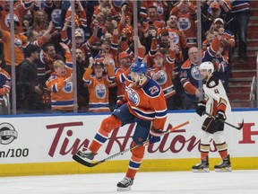 Leon Draisaitl (29) of the Edmonton Oilers, celebrates his first period goal against the Anaheim Duck in Game 6 in the second round of NHL playoffs at Rogers Place on May 7, 2017.