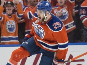 Leon Draisaitl (29) of the Edmonton Oilers celebrates his first period goal against the Anaheim Duck in Game 6 in the second round of NHL playoffs at Rogers Place on May 7, 2017.