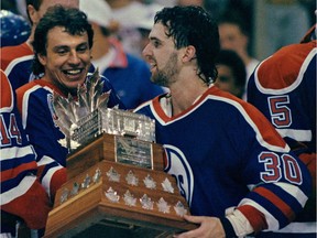 May 24, 1990. Edmonton Oiler goalie Bill Ranford smiles along with teammate Petr Klima as Ranford collected the Conn Smythe Trophy (playoff's MVP) after the Oilers won their fifth Stanley Cup championship. The Oilers won their fifth Stanley Cup on May 24, 1990 by beating the Boston Bruins in five games. Of note, on March 8, 1988 , Ranford and Geoff Courtnall were traded from Boston to the Oilers in exchange for Andy Moog.