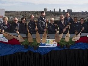 Members of EPCOR , City Council, River Valley Alliance and surrounding municipalities pose for a picture after announcing RiverFest on Thursday May 4, 2017, in Edmonton.  The River Valley Alliance launched the new festival.