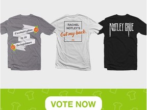 Deputy premier Sarah Hoffman said hundreds of supporters have voted for their favourite NDP T-shirt and she prefers the Notley Crue version.