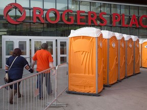 Portable toilets outside Rogers place prior to the Edmonton Oilers and San Jose Sharks NHL playoff, in Edmonton Thursday April 20, 2017.
