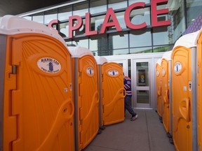 Portable toilets outside Rogers place prior to the Edmonton Oilers and San Jose Sharks NHL playoff, in Edmonton Thursday April 20, 2017.