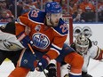 Edmonton Oilers' Leon Draisaitl (29) battles the Anaheim Ducks Rickard Rakell (67) during third period NHL action at Rogers Place, in Edmonton Saturday April 30, 2017.