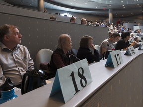 People wait to speak at City Hall during during a committee meeting to discuss supervised  injection sites on Monday May 1, 2017, in Edmonton.