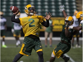 Quarterback James Franklin throws the ball during the first day of training camp for the Eskimos on Sunday May 28, 2017, in Edmonton.
