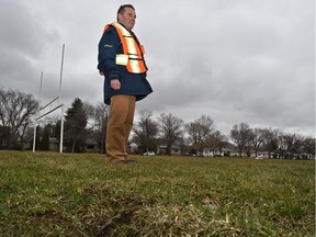 Rodger Davidson, acting director of park operations, held a news conference about the delay in opening city sports fields like this one at Forest Heights Park in Edmonton, Wednesday, April 26, 2017.