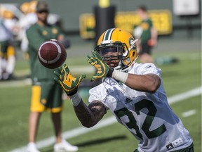 Running back Kendial Lawrence makes a catch. The Edmonton Eskimos practiced at Commonwealth Stadium on May 30, 2017 to prepare for their first pre-season game on June 11.