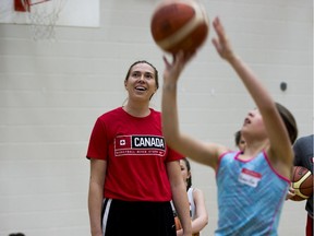 Ruth Hamblin of the canadian women's basketball team takes part in a free youth basketball clinic on May 21, 2017, at Edmonton's Don Wheaton YMCA.