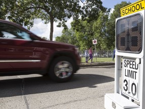 A speed sign is seen outside of Westglen School in Edmonton, Alta. File photo.