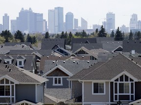 The Edmonton skyline is visible behind the neighbourhood of Griesbach, in Edmonton, Alta. on Tuesday May 12, 2015.