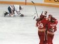 Edmonton Oilers defenceman Steve Smith reacts on the ice after scoring the game-winning goal into his own net during Game 7 of the Smythe Division final against the Calgary Flames on April 30, 1986, at Northlands Coliseum.