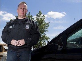 Edmonton police auto-theft Det. Dwayne Karpo helps launch Crime Prevention Week 2017 on Thursday, May 18, 2017, in Edmonton by urging motorists not to leave their keys in vehicles.