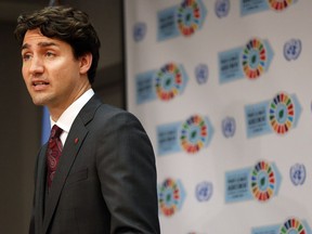 NEW YORK, NY - APRIL 22:  Canadian Prime Minister Justin Trudeau speaks at a news conference while attending the United Nations Signing Ceremony for the Paris Agreement  climate change accord  on April 22, 2016 in New York City.