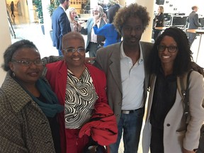 Community members including Ufuoma Odebala-Fregene, left, Jean Walrond, Ahmed Abdulkadir and Reakash Walters lobbied city councillors on May 1, 2017, asking to be included right at the beginning of Edmonton's anti-racism strategy.