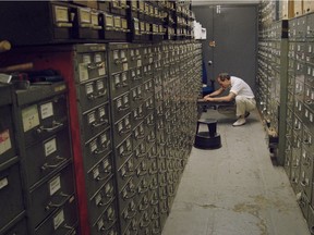 The last remaining archivist, Jeff Roth, searches the New York Times news morgue in Obit.