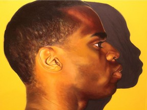 Detail of Shantel Miller's oil painting Stefan, up at Latitude 53 through May 27.