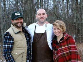 Darren Cheverie, left, chef Steve Brochu and Sylvia Cheverie of Chartier restaurant in Beaumont are hosting two farm-to-fork outdoor suppers on June 14 and 15.