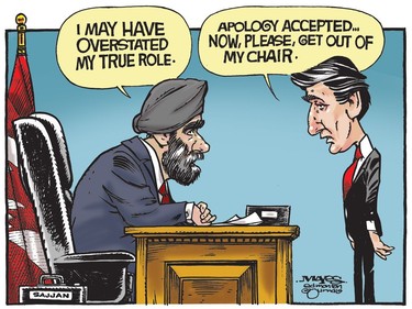 Harjit Sajjan offers apologies to Justin Trudeau for overstating his role. (Cartoon by Malcolm Mayes)