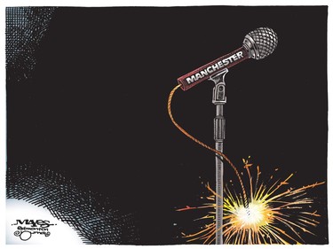 Manchester arena microphone is explosive. (Cartoon by Malcolm Mayes)