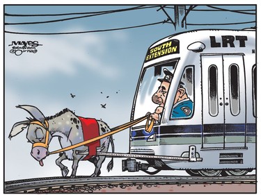 South Extension of Edmonton LRT moves at the pace of an old tired mule. (Cartoon by Malcolm Mayes)
