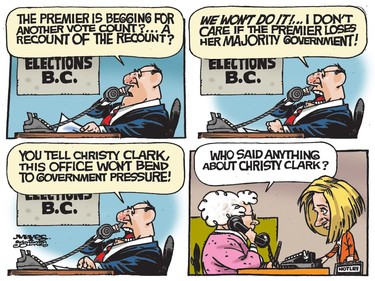 Rachel Notley would like a recount of the B.C. Election recount. (Cartoon by Malcolm Mayes)