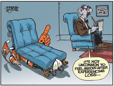 Edmonton Oilers fan suffers from anxiety after experiencing loss. (Cartoon by Malcolm Mayes)