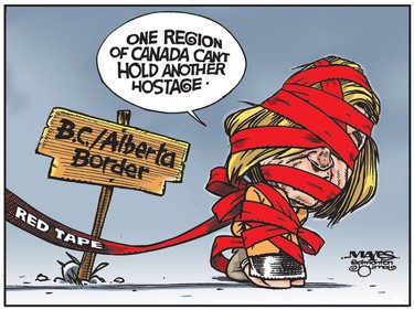 Rachel Notley claims that one region of Canada cannot hold another hostage. (Cartoon by Malcolm Mayes)